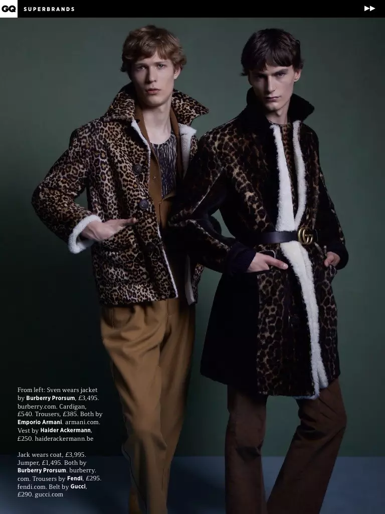 Modelle Sven de Vries en Jack Chambers pryk op die bladsye van GQ UK se nuutste bylaag, en poseer vir 'n modeverhaal wat gefokus is op 'n verskeidenheid uitstaande voorkoms wat ingesluit is in die herfs/winter 2015-versamelings van gesogte mansdrag-etikette. Gefotografeer deur Felix Cooper, het die modelle die ateljee getref met eklektiese herfsontwerpe, gekies deur stilis Gary Armstrong.