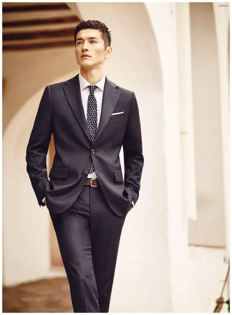 Představení modelingu Mango jaro/léto 2015 Daisuke Ueda (Sight Management). Klasický oblekový styl v různých barvách a látkách, šití kalhot pro elegantního gentlemana.