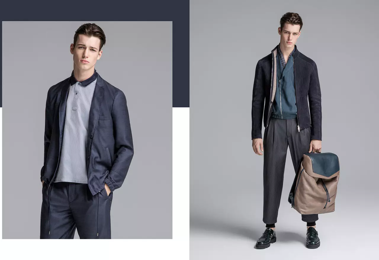 Robbie Besser débarque dans le catalogue Homme printemps-été 2016 d'Emporio Armani. Les blazers en tricot, les vestes zippées et les blazers courts sont les dernières tendances de la mode.