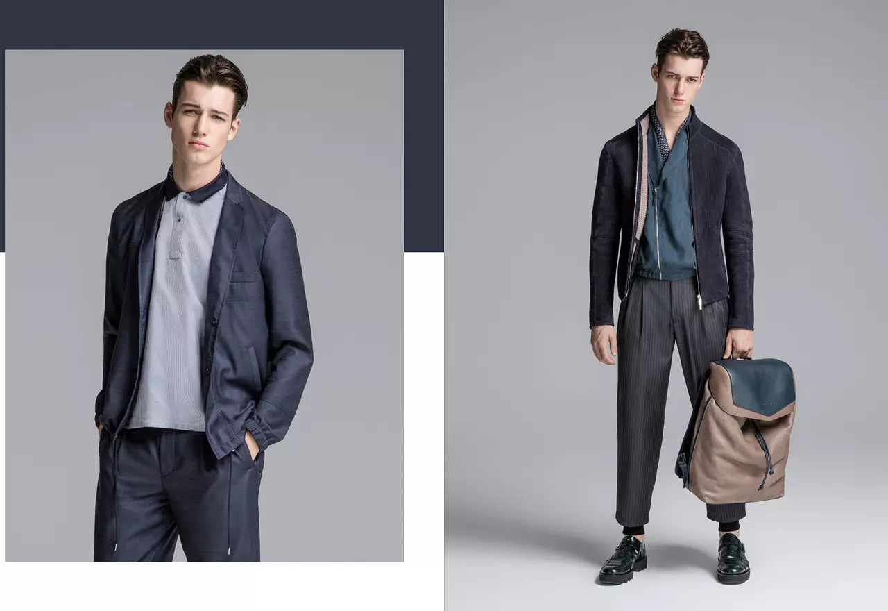 De Robbie Besser landt de Fréijoer-Summer 2016 Männerkatalog vum Emporio Armani. Knit Blazer, Zipperjacken a geschniddene Blazer sinn déi lescht Moudetrends.