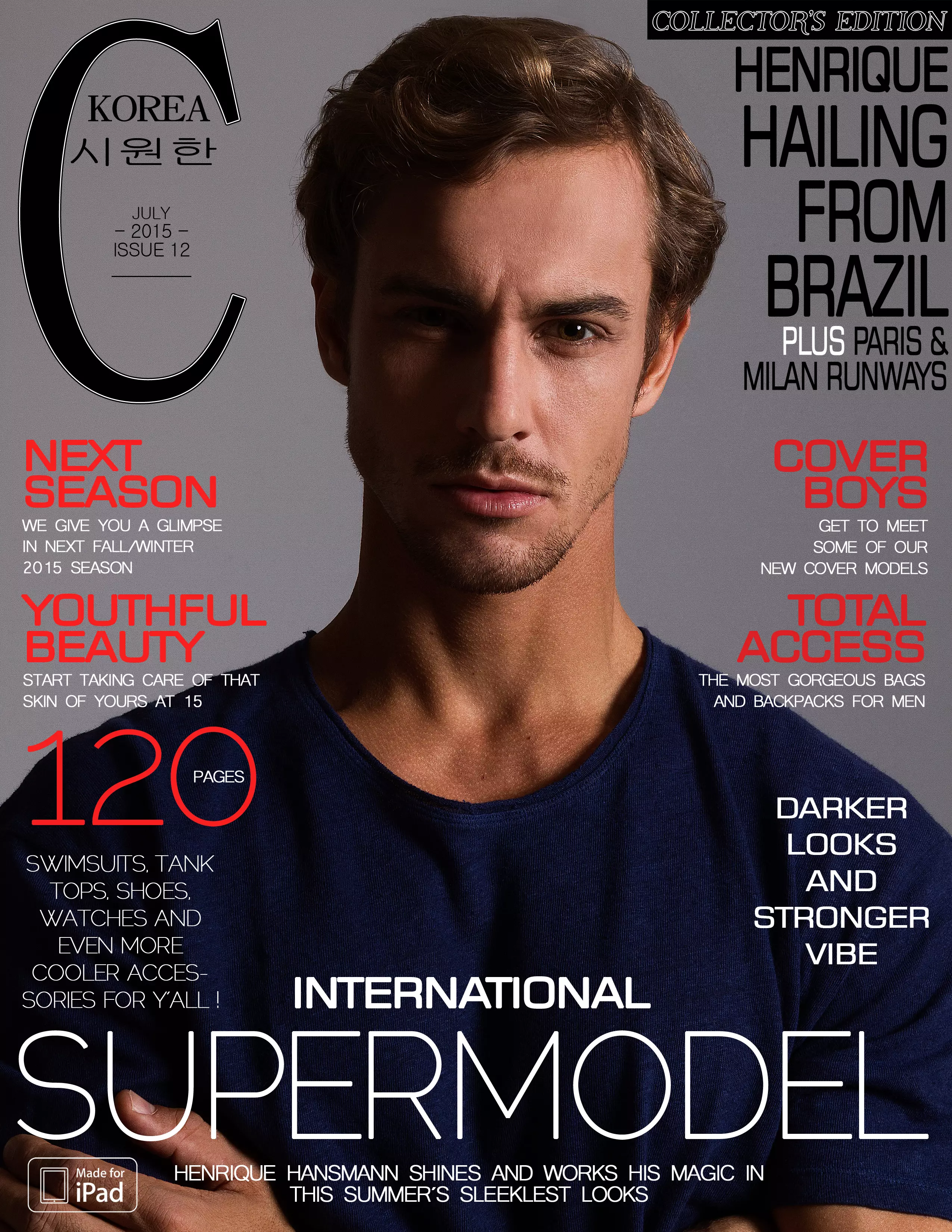 La supermodel brasilera Henrique Hansmann cobreix el número de juliol de Cool Korea, i és la primera vegada que la sensació brasilera ho fa. Volant a Europa va venir a Madrid per rodar una història exclusiva per a la revista. Dissenyat i fotografiat per Bertrand Vergnes, el va maquillar la maquilladora espanyola Miriam Franco. També va posar per a un editorial de moda de 14 pàgines amb marques internacionals espanyoles.