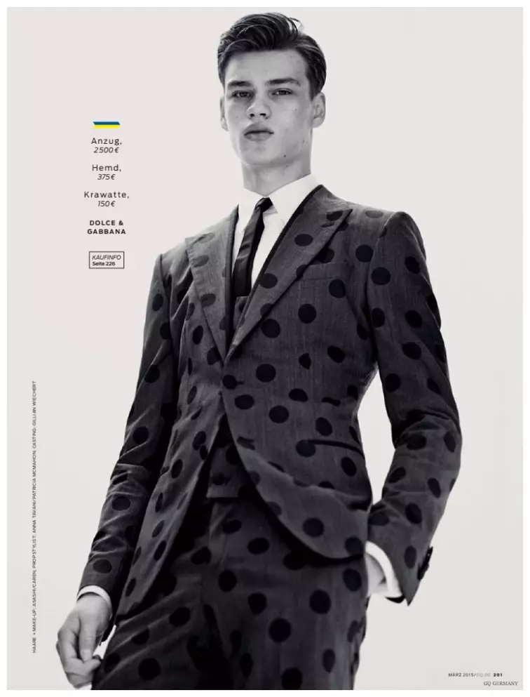 모델 Alexander Beck, Dominik Bauer, Filip Hrivnak, Harry Goodwins, O'Shea Robertson이 GQ 독일 2015년 3월호의 패션 사진작가 Markus Pritzi가 촬영한 컬렉션 이야기를 장식했습니다. 스타일리스트 Tobias Frericks는 2015 봄-여름 남성복 컬렉션을 선보이며 지방시, 폴 스미스, 루이 비통과 같은 그래픽 룩을 선보입니다.