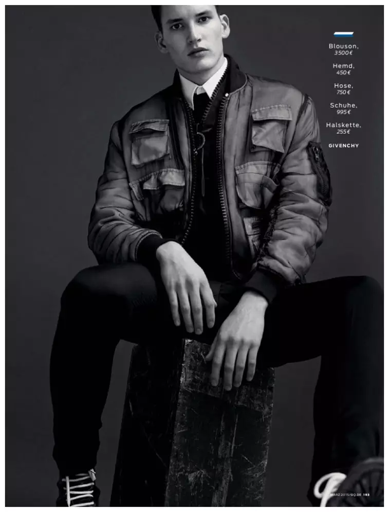 모델 Alexander Beck, Dominik Bauer, Filip Hrivnak, Harry Goodwins, O'Shea Robertson이 GQ 독일 2015년 3월호의 패션 사진작가 Markus Pritzi가 촬영한 컬렉션 이야기를 장식했습니다. 스타일리스트 Tobias Frericks는 2015 봄-여름 남성복 컬렉션을 선보이며 지방시, 폴 스미스, 루이 비통과 같은 그래픽 룩을 선보입니다.