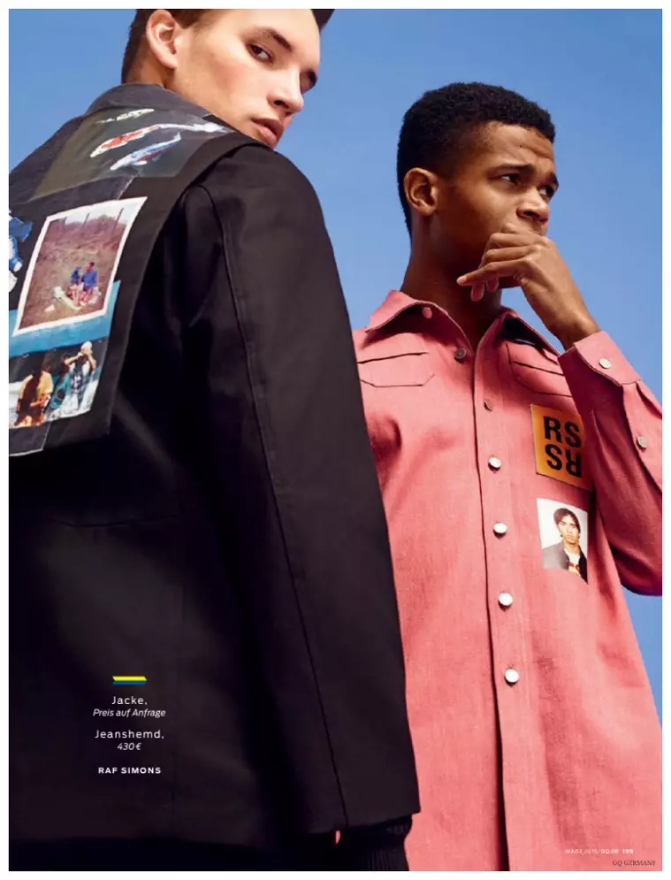 Les mannequins Alexander Beck, Dominik Bauer, Filip Hrivnak, Harry Goodwins et O'Shea Robertson ornent les pages du numéro de mars 2015 de GQ Germany avec une histoire de collections réalisée par le photographe de mode Markus Pritzi. En s'appuyant sur les collections homme printemps-été 2015, le styliste Tobias Frericks rassemble une série de looks graphiques, mettant en scène Givenchy, Paul Smith et Louis Vuitton.