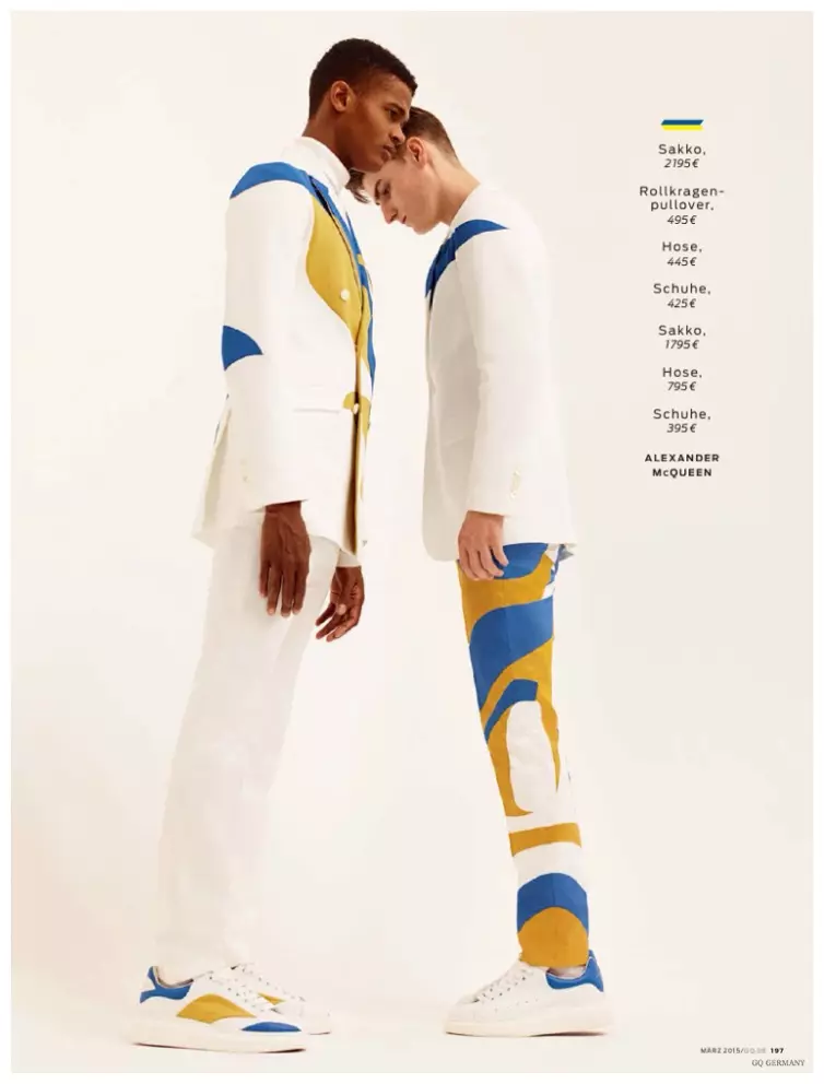 Les mannequins Alexander Beck, Dominik Bauer, Filip Hrivnak, Harry Goodwins et O'Shea Robertson ornent les pages du numéro de mars 2015 de GQ Germany avec une histoire de collections réalisée par le photographe de mode Markus Pritzi. En s'appuyant sur les collections homme printemps-été 2015, le styliste Tobias Frericks rassemble une série de looks graphiques, mettant en scène Givenchy, Paul Smith et Louis Vuitton.