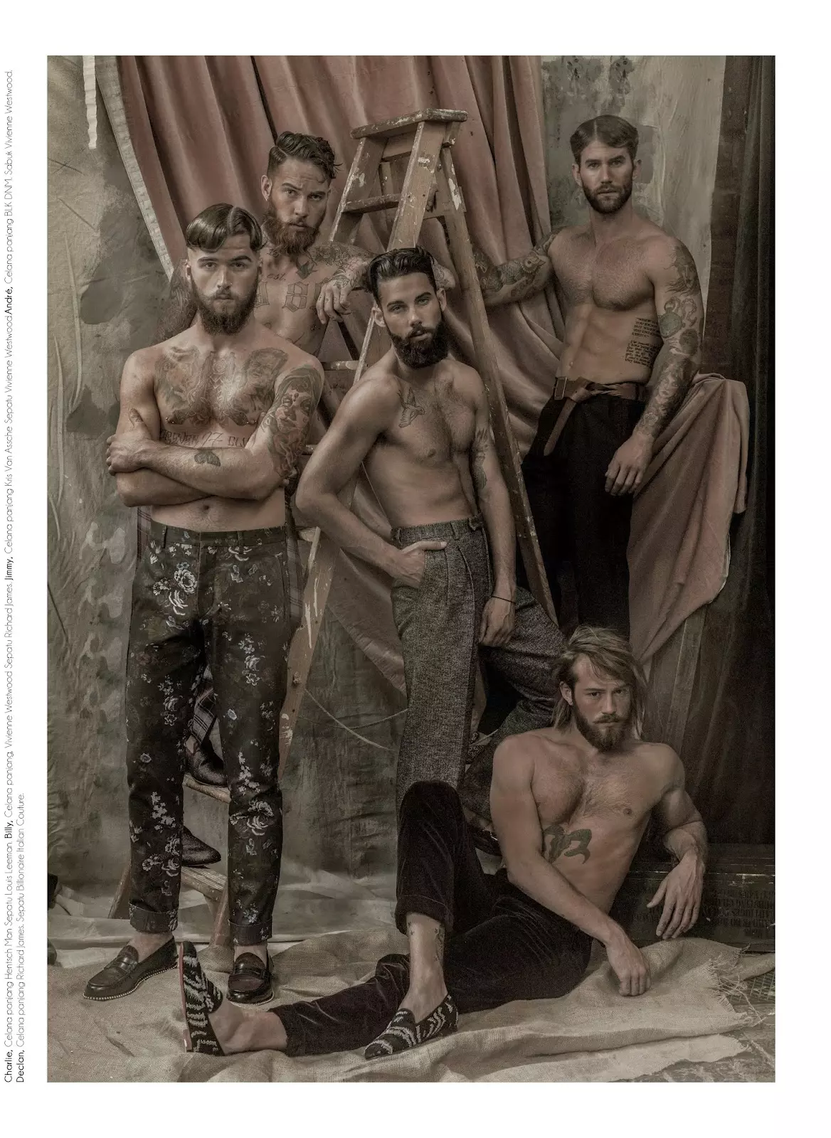 Folio Indonésia, setembro de 2014. (Edição de moda) com Andre Hamann, Billy Huxley, Charlie Winzar, Declan-John Geraghty e Jimmy Launnay. Fotógrafo: Arseto Adiputra Estilo: Graham Cruz Cabelo: Jody Taylor + Svajunas Grybe Grooming: Joey Choy