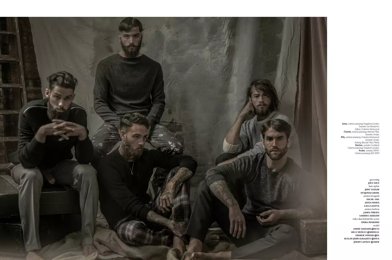 Männer Folio Indonesien September 2014. (Fashion Issue) mat Andre Hamann, Billy Huxley, Charlie Winzar, Declan-John Geraghty & Jimmy Launnay. Fotograf: Arseto Adiputra Styling: Graham Cruz Hoer: Jody Taylor + Svajunas Grybe Grooming: Joey Choy