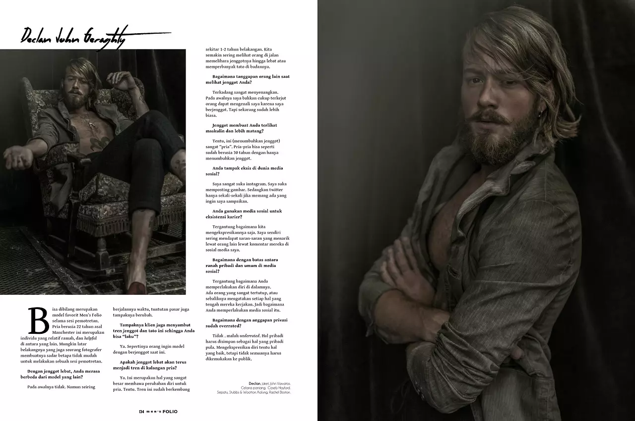 Folio Indonésia, setembro de 2014. (Edição de moda) com Andre Hamann, Billy Huxley, Charlie Winzar, Declan-John Geraghty e Jimmy Launnay. Fotógrafo: Arseto Adiputra Estilo: Graham Cruz Cabelo: Jody Taylor + Svajunas Grybe Grooming: Joey Choy