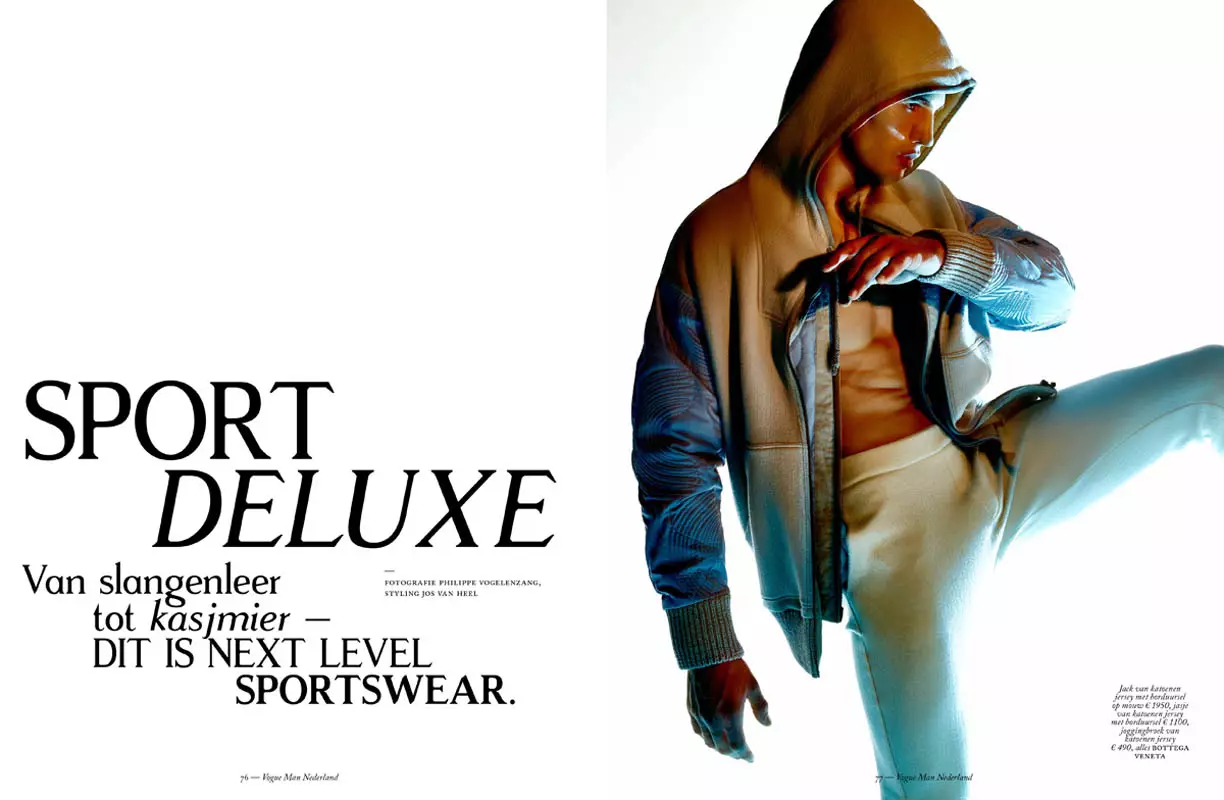 Sport Deluxe” dla Vogue Man Nederland. Fotograf: Philippe Vogelenzang. Stylizacja Josa van Heela.