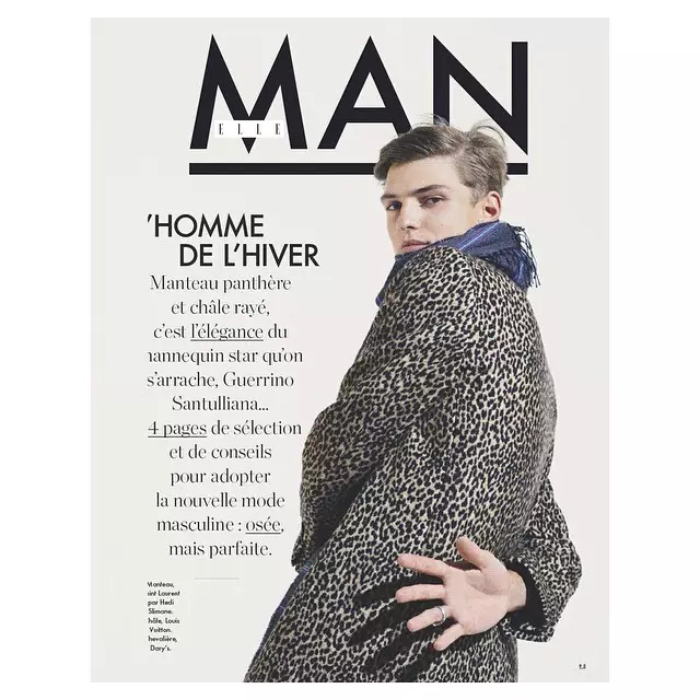 Homme De L’Hiver. Manteau panthère et châle rayé, c’est l’élégance du mannequin star qu’on s’arrache, Guerrino Santulliana… 4 Seiten der Auswahl und der Konseils für den neuen männlichen Modus: osée, mais parfaite. Elle France Ph: Antoine Harinthe Styling: Lara Cviklinski