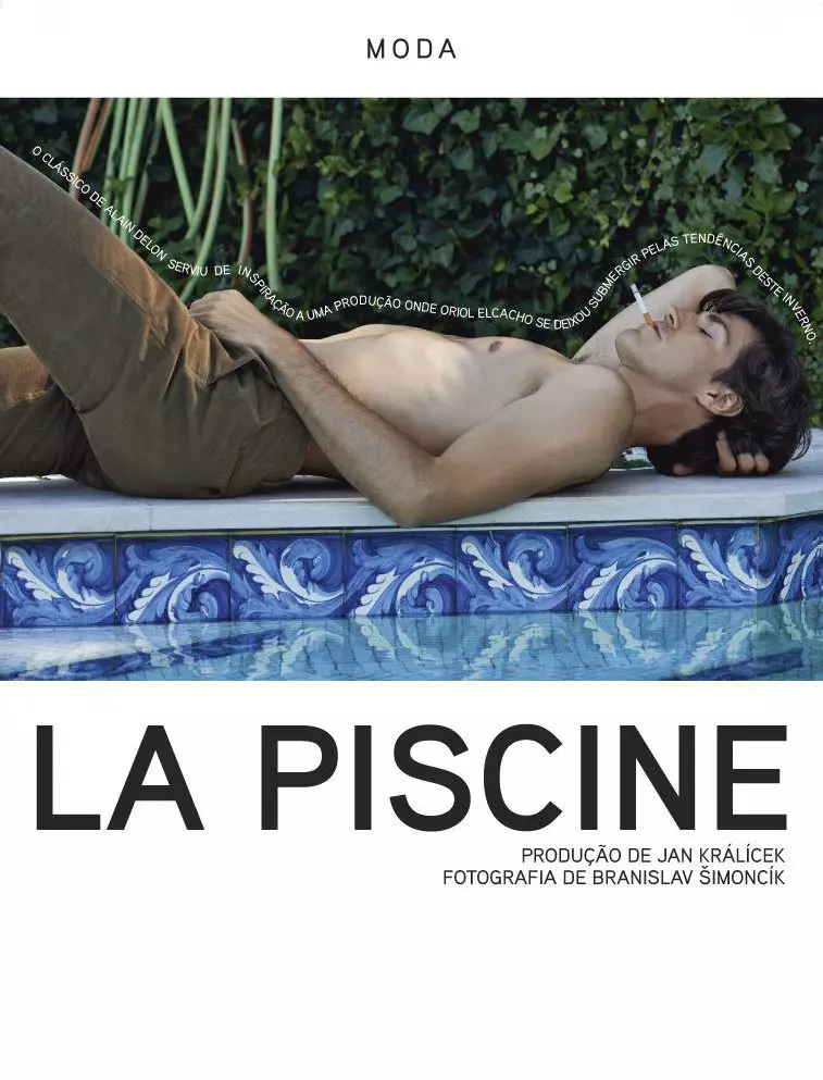 Ориол Элкачо дар 'La Piscine' барои GQ Португалия, ноябри 2014. Тир аз ҷониби Бранислав Симончик. Тарзи аз ҷониби Ян Краличек. Мӯй аз ҷониби Пауло Виейра. Макияж аз ҷониби Элоди Фиуза.