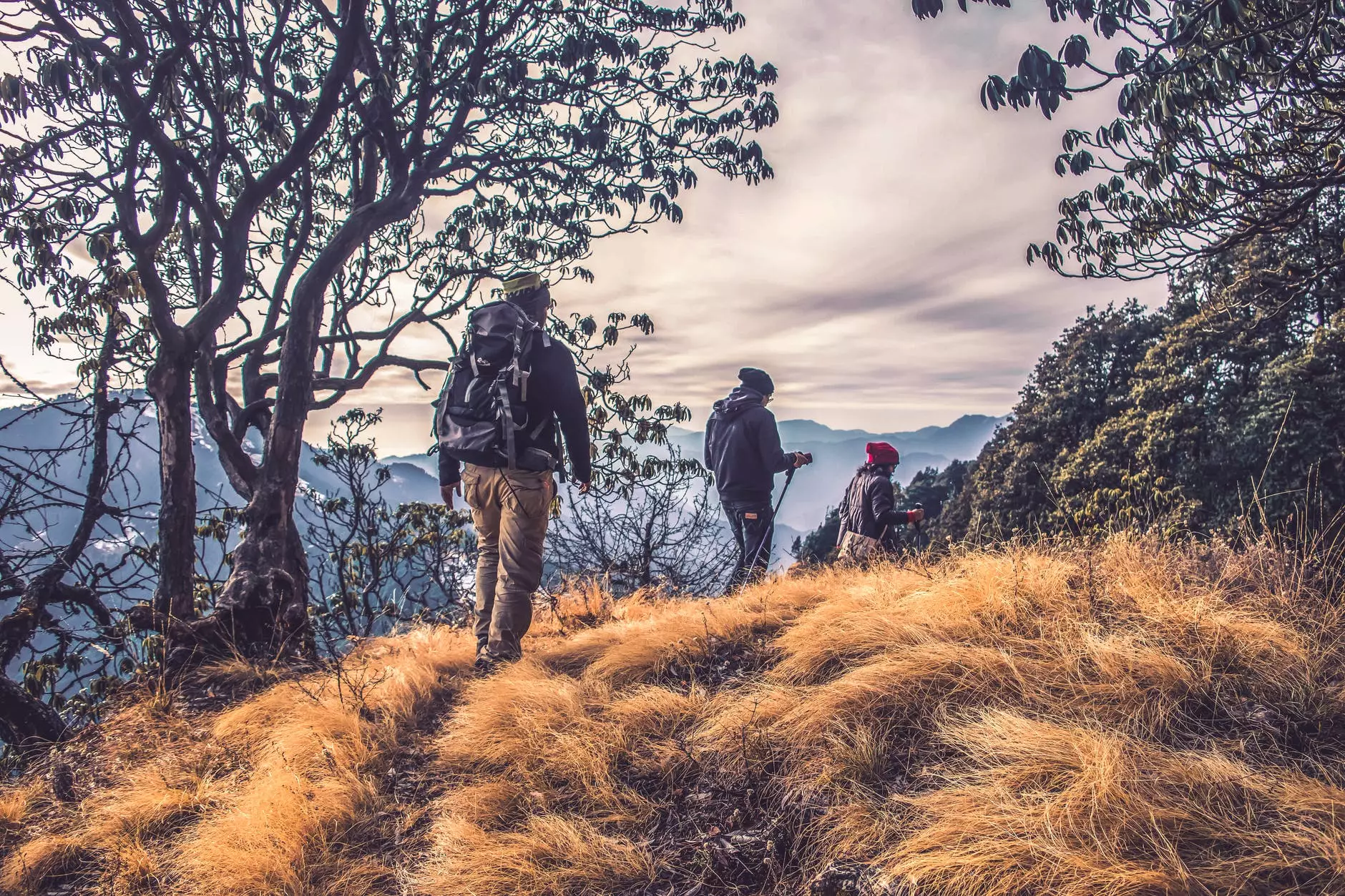 tre mennesker på vandring på højt bjerg Foto af Abhishek Gaurav på Pexels.com