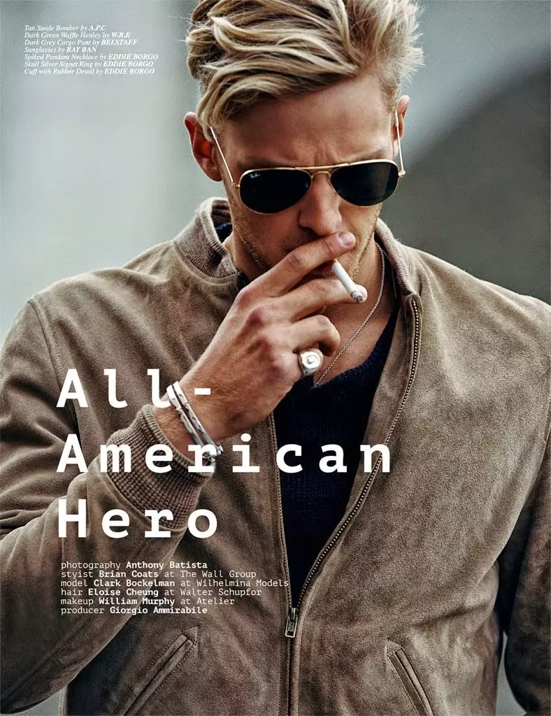 Ua qauv Clarke Wesley Bockelman rau Client Magazine Tus Txiv Neej Txoj Cai Qhia Tawm los ntawm tus kws yees duab Anthony Batista thiab Stylist: Brian Coats.