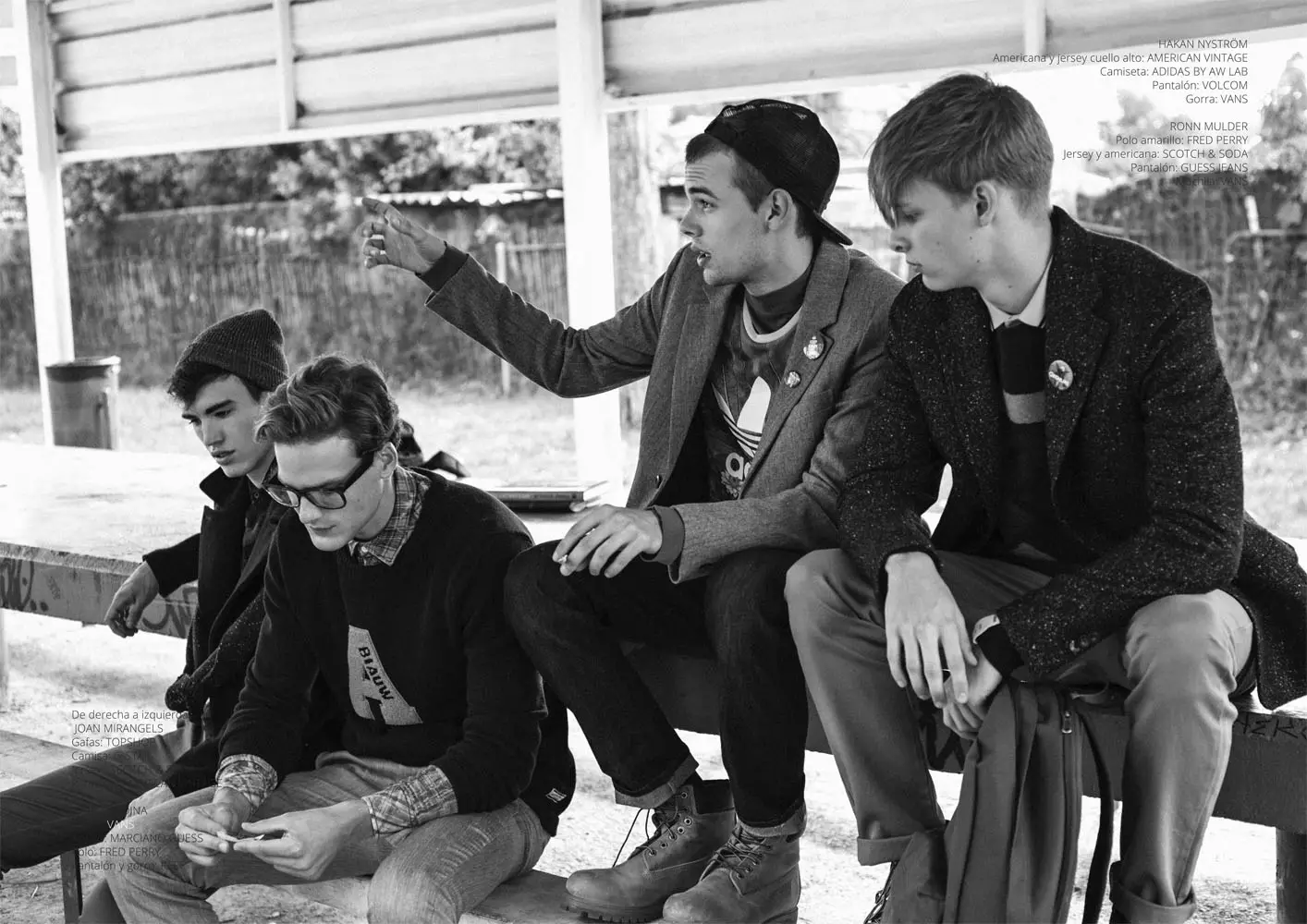 Joan Mirangels, Ronn Mulder, Hakan Nyström & Marti Medina di 'Campus State of Mind' untuk Majalah Risbel. Foto oleh Ruben Suarez. Penataan & perawatan: Rocio Valiño. Pengarah Seni oleh Daniel Ramos.