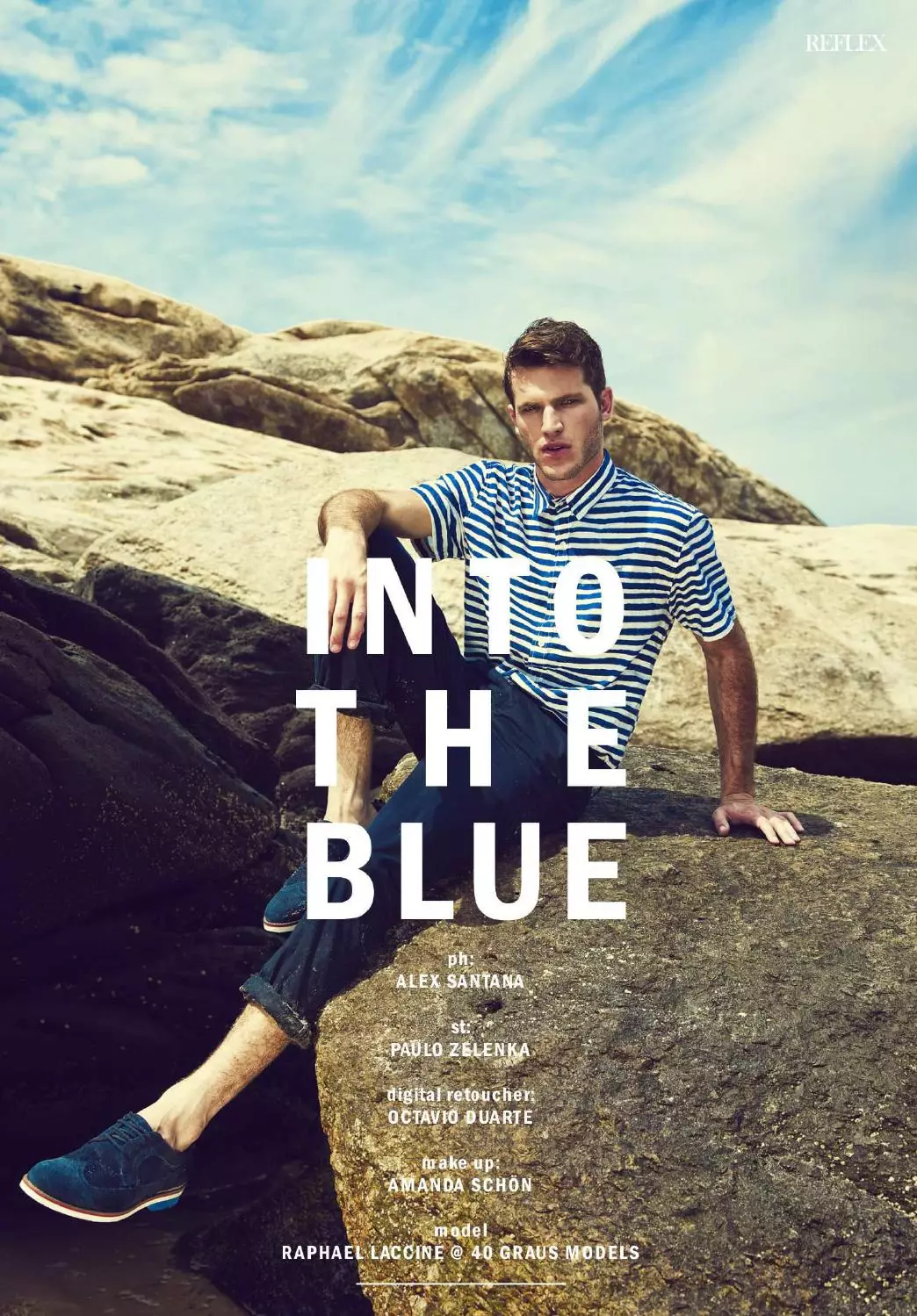 Reflex Homme Summer 2015 Into the blue Photographer: Alex Santana. Stylist: Paulo Zelenka. Digital retoucher: Octavio Duarte. Pag-aayos: Amanda Schon.