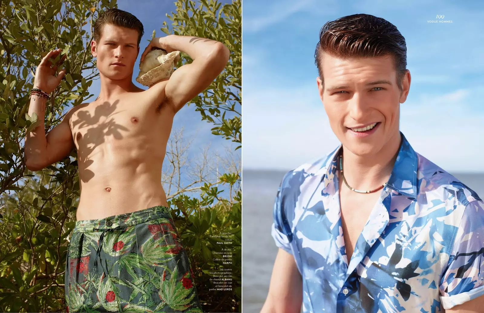 Topmodel John Todd verblüfft in einer Modegeschichte in der Frühjahr/Sommer-Ausgabe 2015 der Vogue Hommes, Jack Pierson und Anastasia Barbieri haben John auf der malerischen Insel North Captiva vor der Küste Floridas in Etro, Balmain und Louis Vuitton gefangen genommen und gestylt.