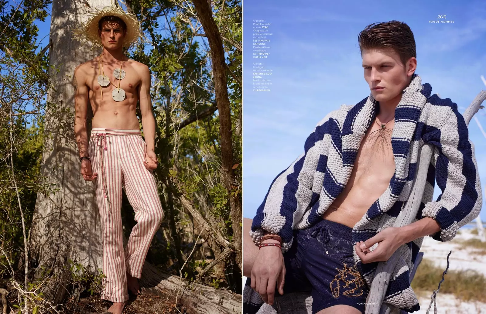 Topmodel John Todd verblüfft in einer Modegeschichte in der Frühjahr/Sommer-Ausgabe 2015 der Vogue Hommes, Jack Pierson und Anastasia Barbieri haben John auf der malerischen Insel North Captiva vor der Küste Floridas in Etro, Balmain und Louis Vuitton gefangen genommen und gestylt.