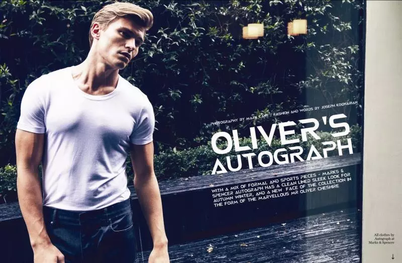 Oliver Cheshire szerepel az Attitude Magazine Autograph című szerkesztőségében. A Mark Cant által fényképezett modell a Mark & ​​Spencer új őszi/téli férfiruházati kollekcióját viseli.