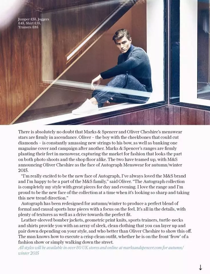 Oliver Cheshire szerepel az Attitude Magazine Autograph című szerkesztőségében. A Mark Cant által fényképezett modell a Mark & ​​Spencer új őszi/téli férfiruházati kollekcióját viseli.