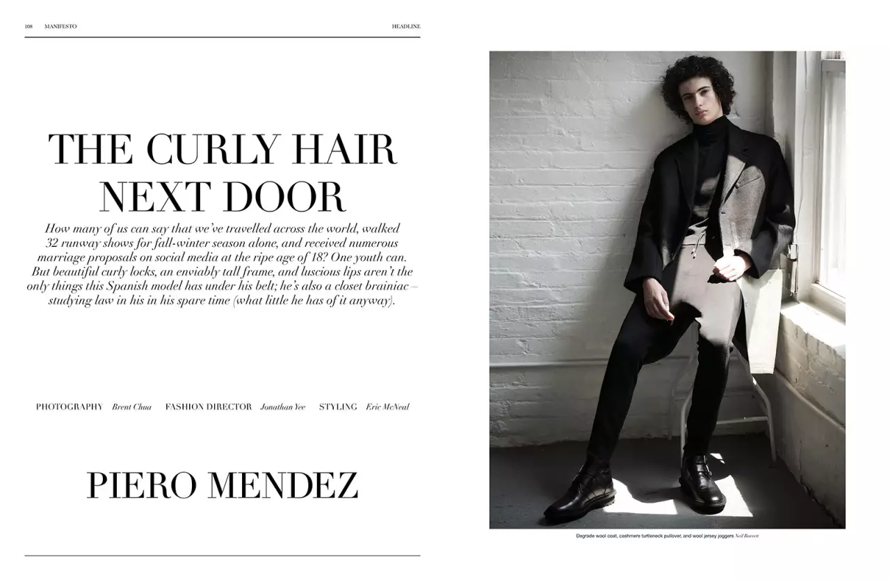 A Throwback editorjali Top Model Piero Mendez mill-Fotografu Brent Chua, Direttur tal-moda minn Jonathan Yee u grafika minn Eric McNeal għall-Manifest ta 'Ottubru 2015. "The Hair Next Door".