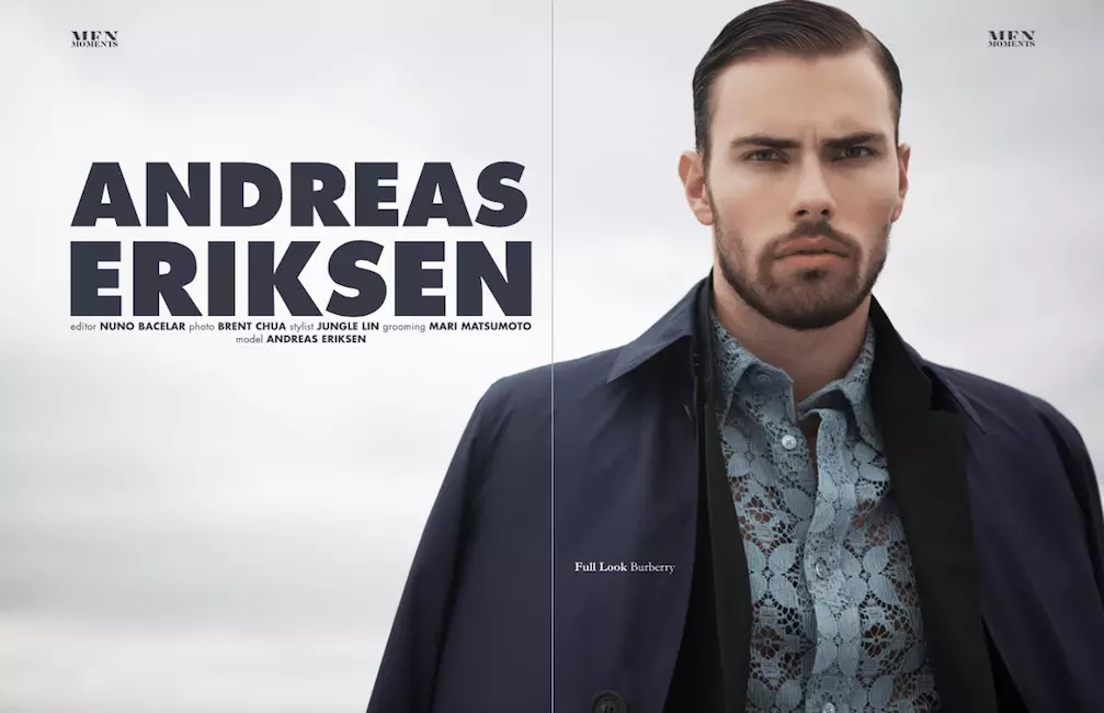 Modellen Andreas Eriksen modellerar i ny ledare för Men Moments fotograferad av Brent Chua, stylad av Jungle Lin, grooming av Mari Matsumoto.