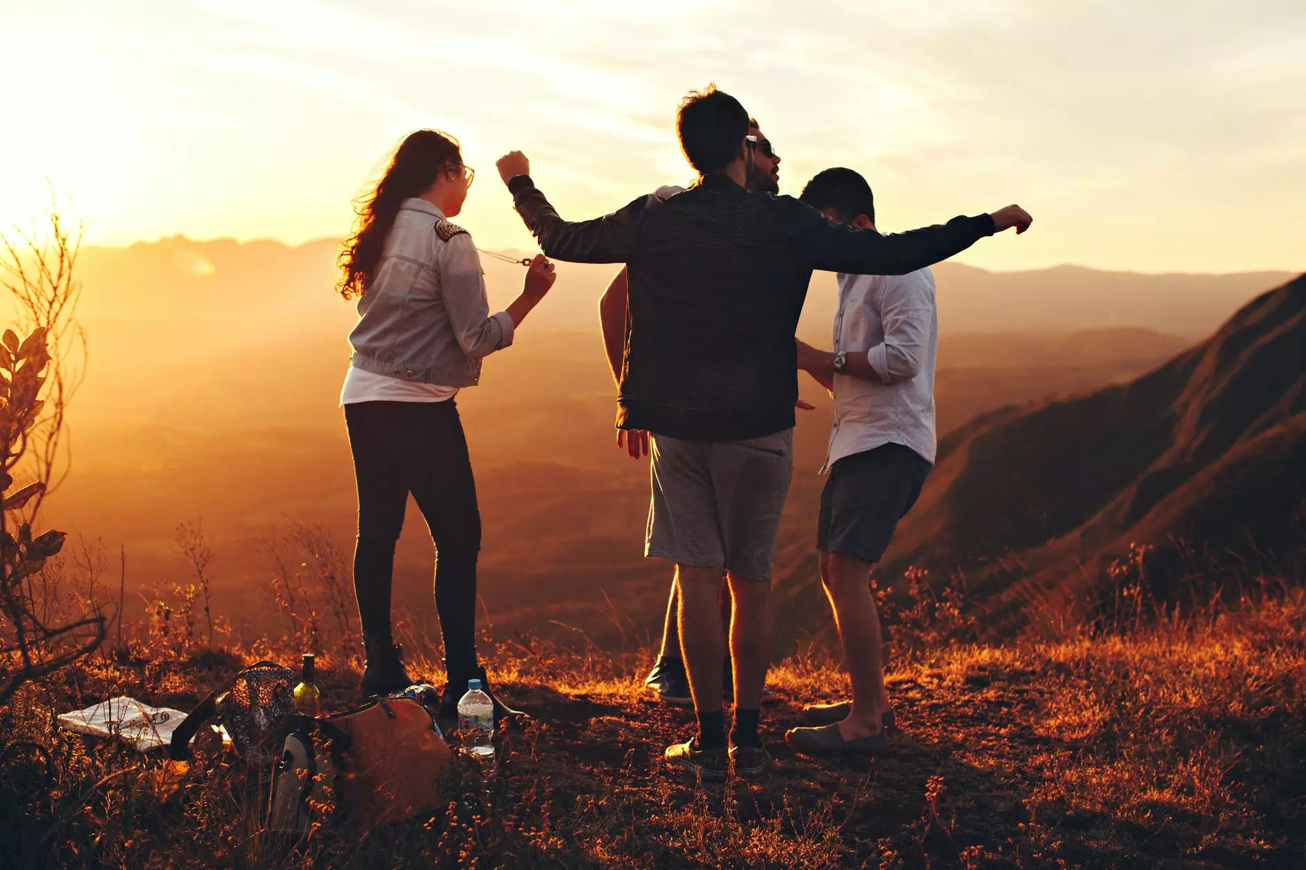 fire personer som står på toppen av gresskledd fjell