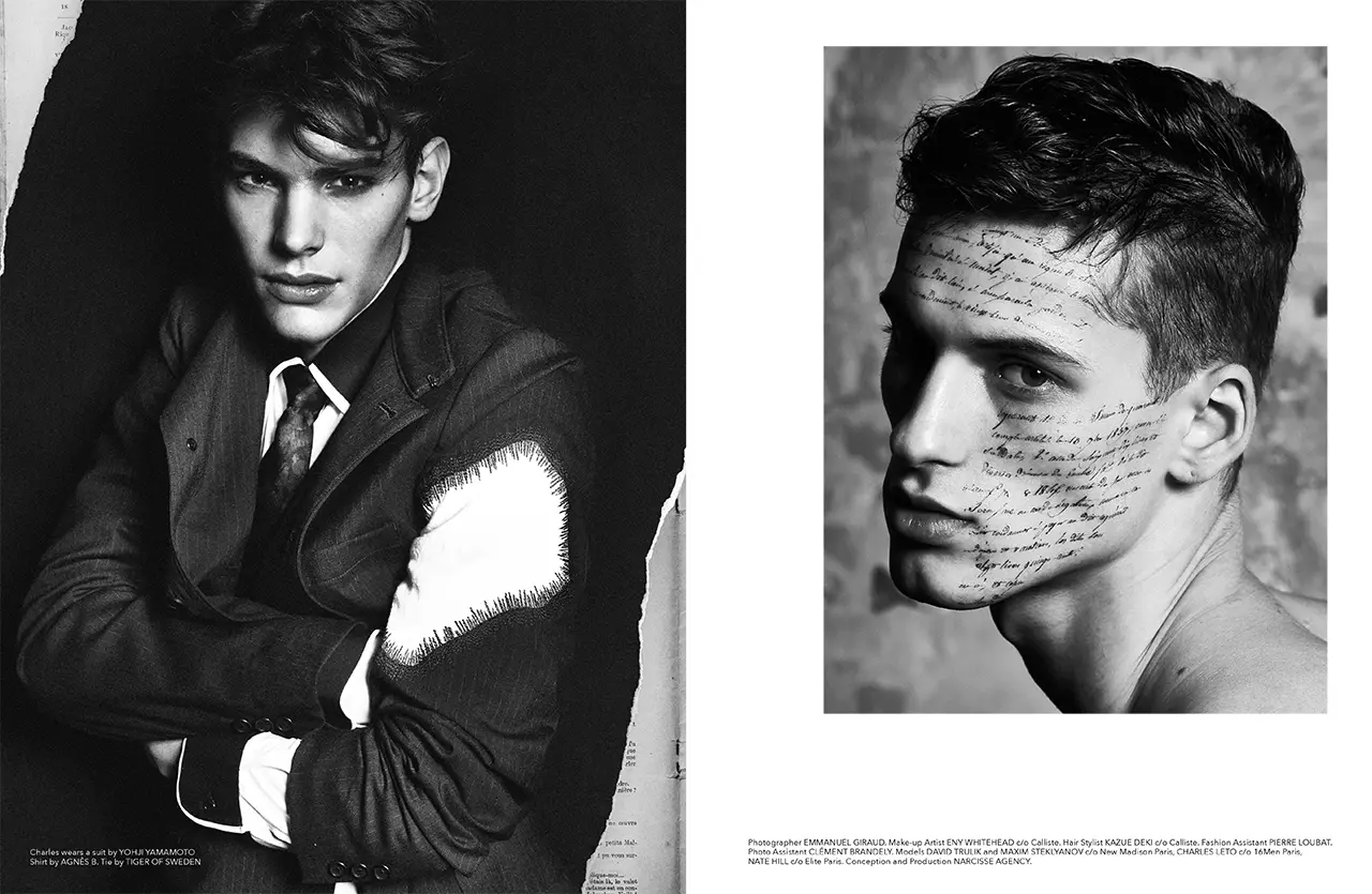 GESCHEURD een prachtig verhaal bij Narcisse Magazine geschoten door fotograaf: Emmanuel Giraud, gestyled Rene Gloor, modellen David Trulik en Maxim Steklyanov in New Madison Parijs, Charles Leto bij 16Men Paris, Nate Hill bij Elite Paris.