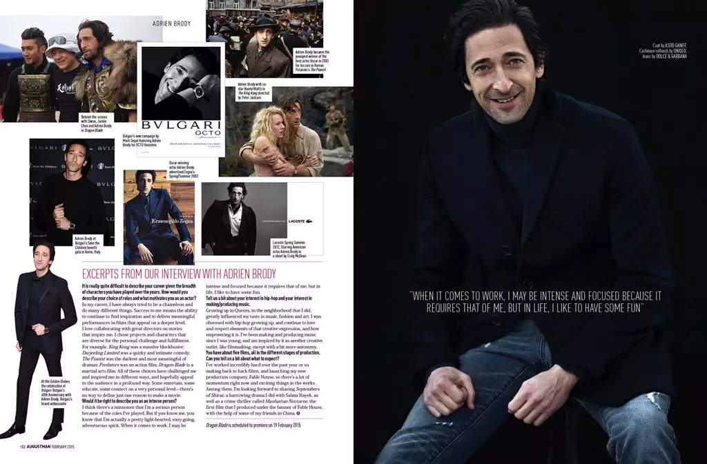 Schauspieler Adrien Brody posiert für die August Man Malaysia Ausgabe Februar 2015 für die Linse des New Yorker Modefotografen Karl Simone. Creative Director von Melvin Chan, gestylt von Jenesee Utley. Sie können einen sehr interessanten Rückblick auf Brodys Karriere als Schauspieler lesen, geschrieben von Rubin Khoo, während der Schauspieler in modischen Kleidungsstücken wie Dolce&Gabbana, John Varvatos, Uniqlo und Tommy Hilfiger unter anderem posiert.