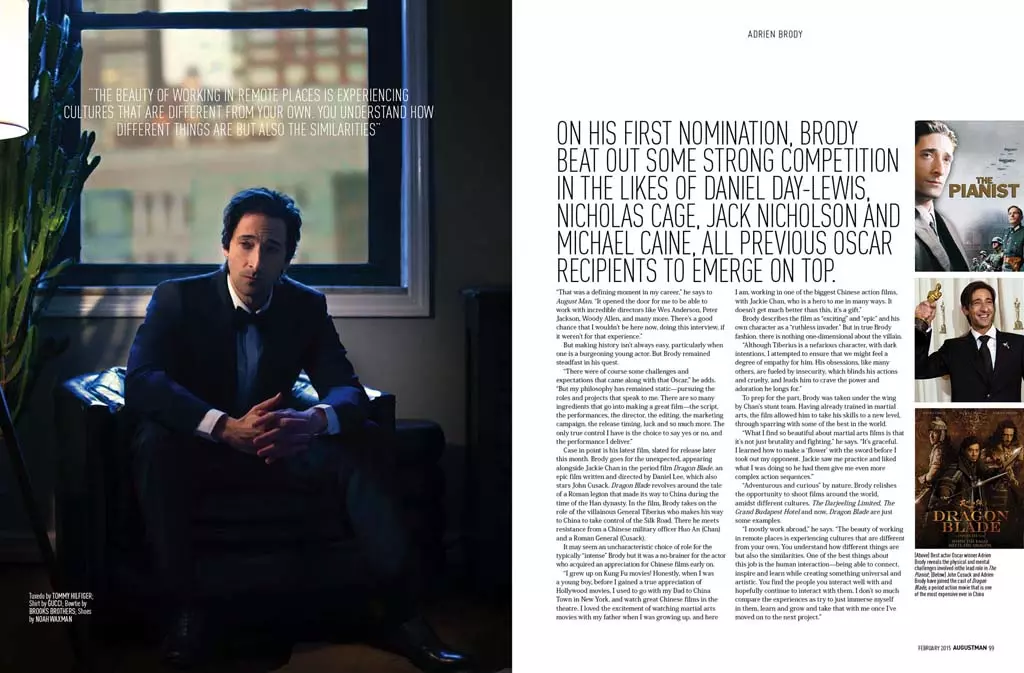 Schauspiller Adrien Brody poséiert fir d'Objektiv vum NYC Moudefotograf Karl Simone fir August Man Malaysia Ausgab Februar 2015. Creative Director vum Melvin Chan, styléiert vum Jenesee Utley. Dir kënnt eng ganz interessant Iwwerpréiwung vum Brody senger Carrière als Schauspiller liesen, geschriwwen vum Rubin Khoo, während de Schauspiller ënner anerem a moudebewosste Kleedungsstécker wéi Dolce&Gabbana, John Varvatos, Uniqlo an Tommy Hilfiger poséiert.